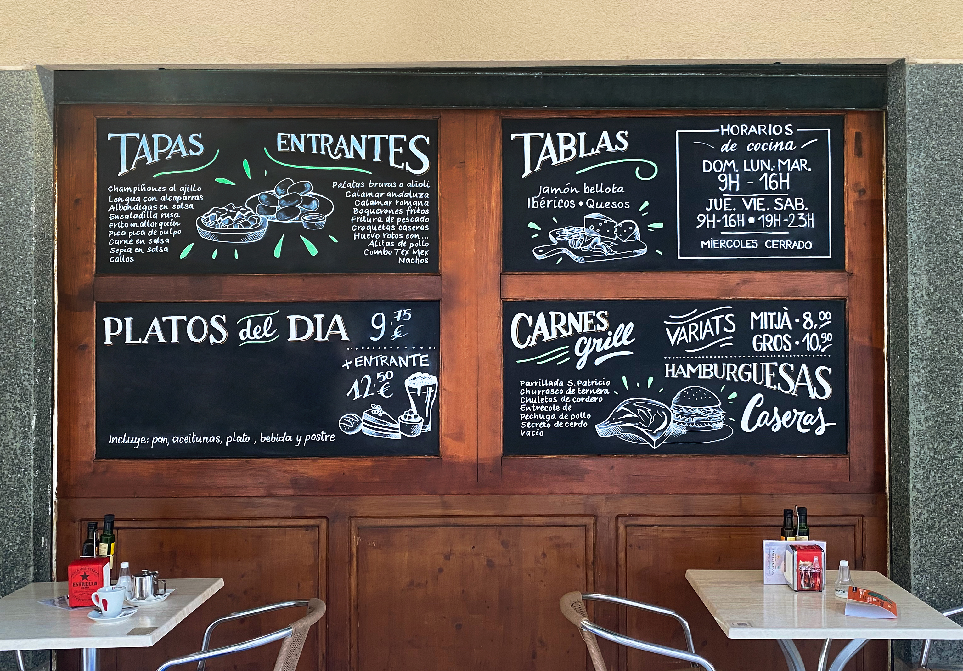Chalkboard lettering menu of a cafe restaurant tapas and meal of the day