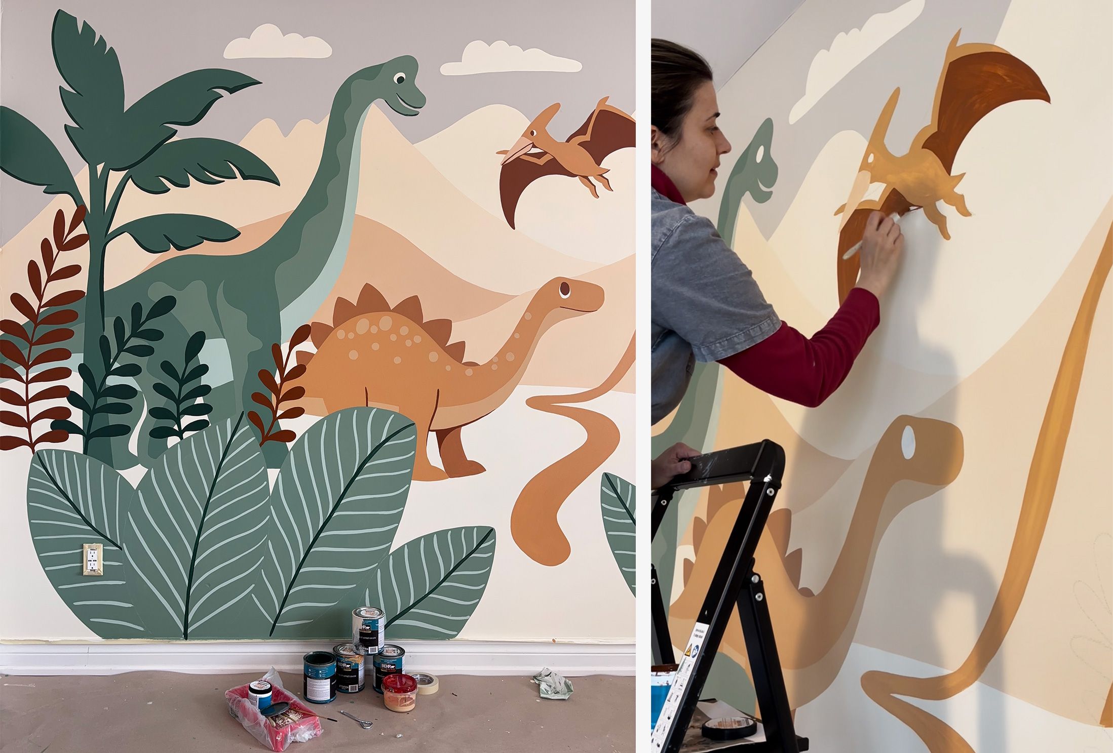 Hand-painted dinosaur mural boys bedroom in soft neutral tones creating a calm kids room
