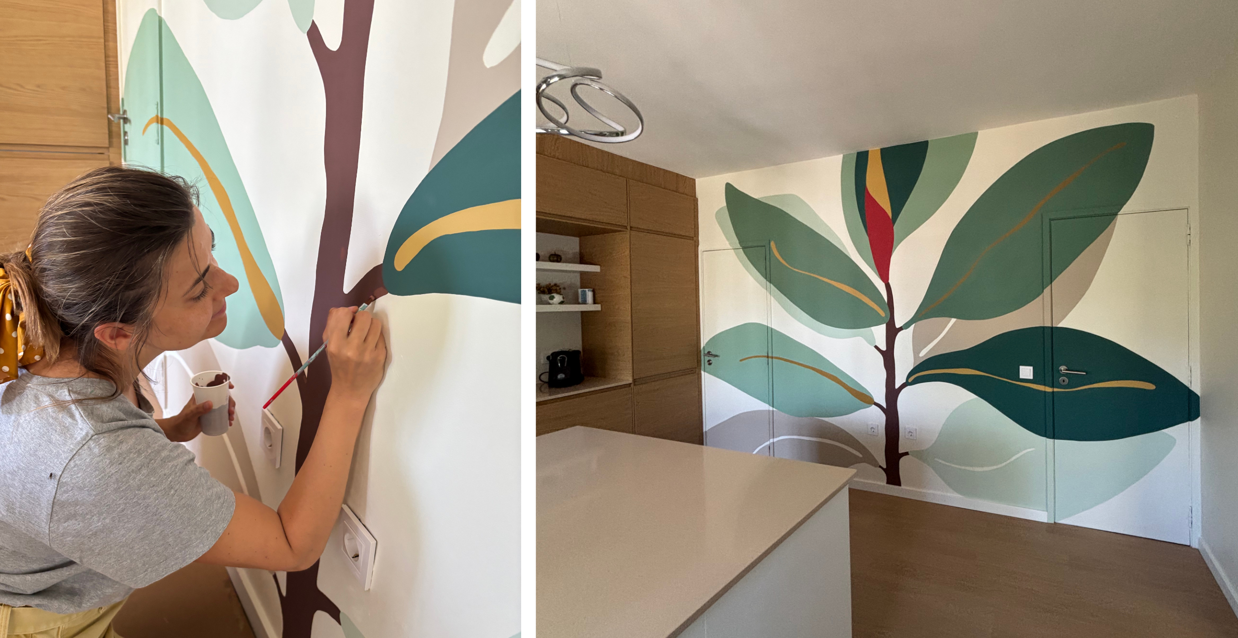 Modern minimalist hand-painted botanical mural in soft green tones on a kitchen wall, complementing warm wood cabinetry and creating a calm natural atmosphere.